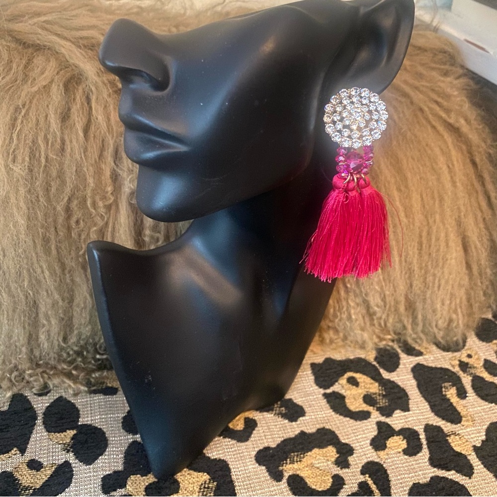 Noir rhinestone and pink tassel earrings
